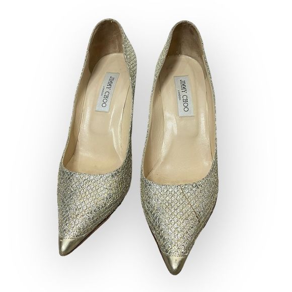 Jimmy Choo Shoes - Jimmy Choo Gold New Metallic Lamé Glitter Fabric Abel Pointed Pumps 39.5